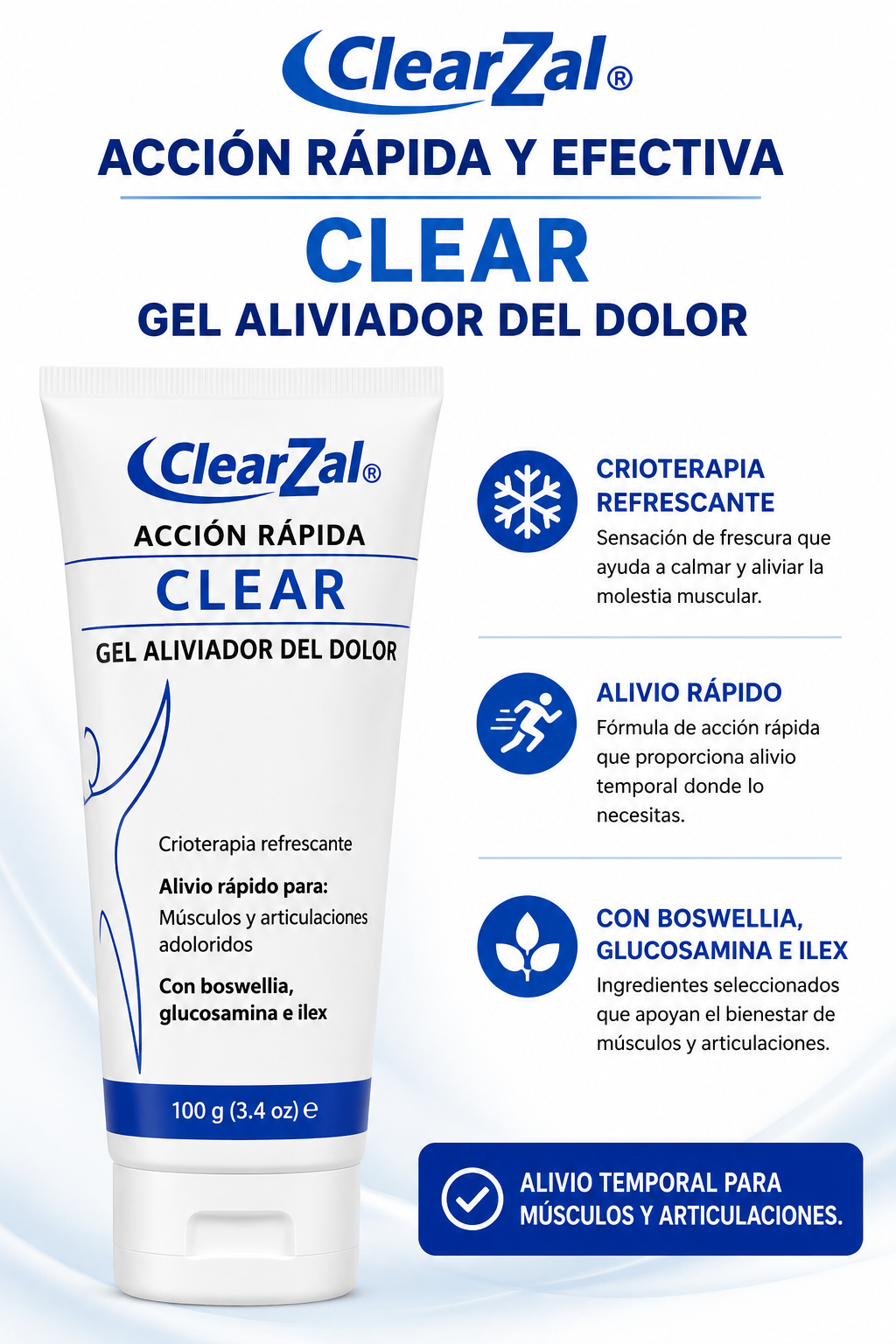 CLEAR ZAL GEL - Sensación fría que ayuda a aliviar el dolor 100% Efectivo