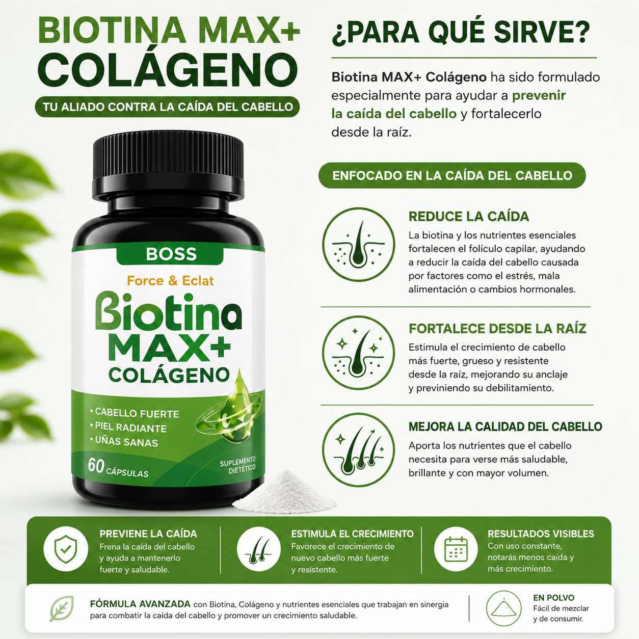 BOSS BIOTINA MAX+ - Biotina y colágeno para fortalecer tu cabello desde la raíz.