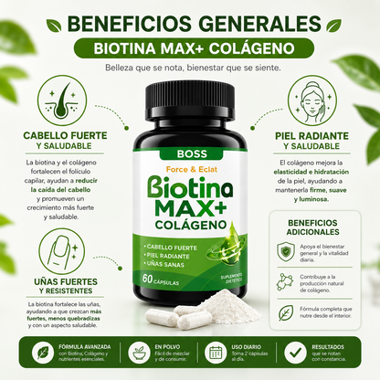 BOSS BIOTINA MAX+ - Biotina y colágeno para fortalecer tu cabello desde la raíz.