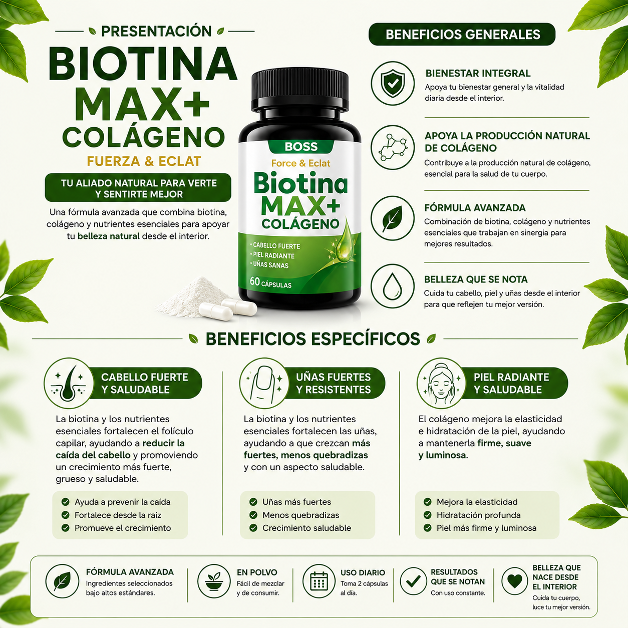 BOSS BIOTINA MAX+ - Biotina y colágeno para fortalecer tu cabello desde la raíz.