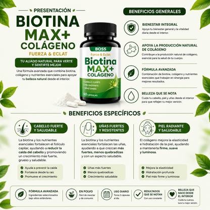 BOSS BIOTINA MAX+ - Biotina y colágeno para fortalecer tu cabello desde la raíz.