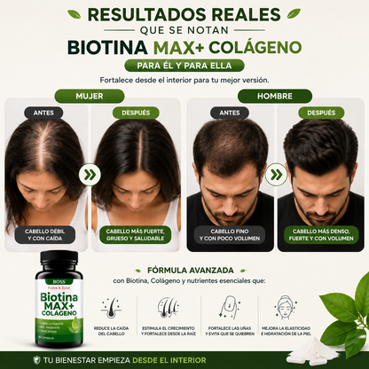 BOSS BIOTINA MAX+ - Biotina y colágeno para fortalecer tu cabello desde la raíz.